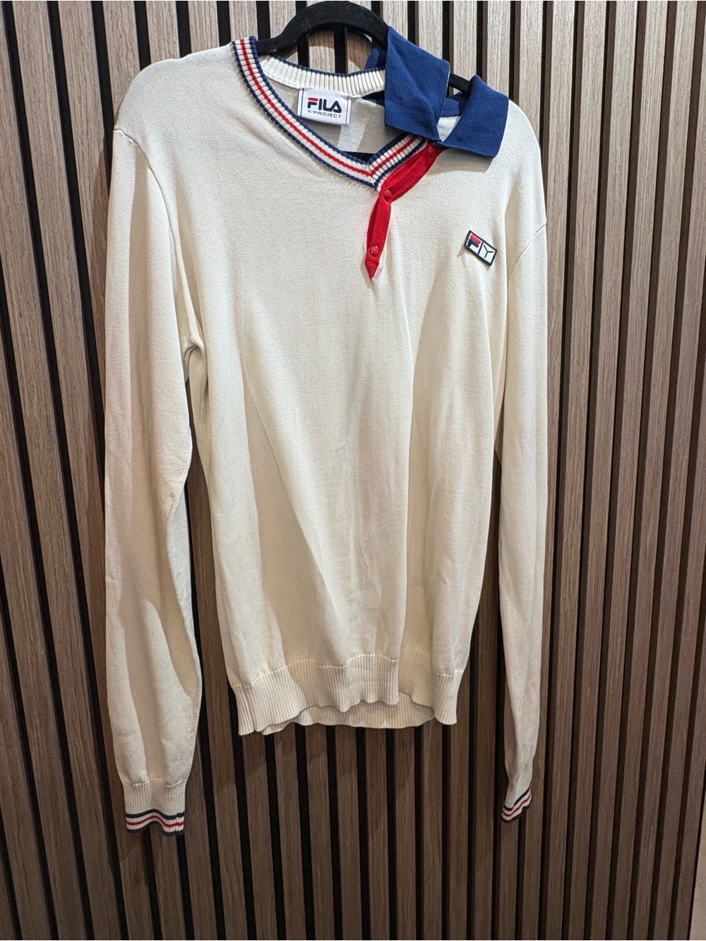 FILA x Y Project Men’s Cream V-Neck Sweater with Navy Collar and Red Trim